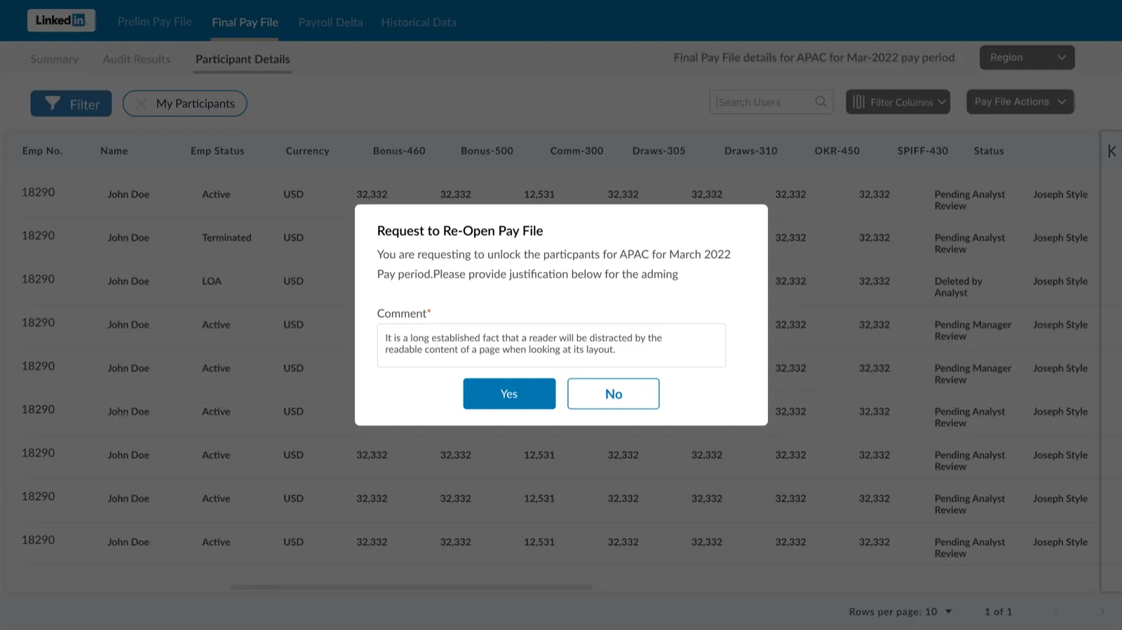 Requesting to re-open a locked pay file, with a required written justification