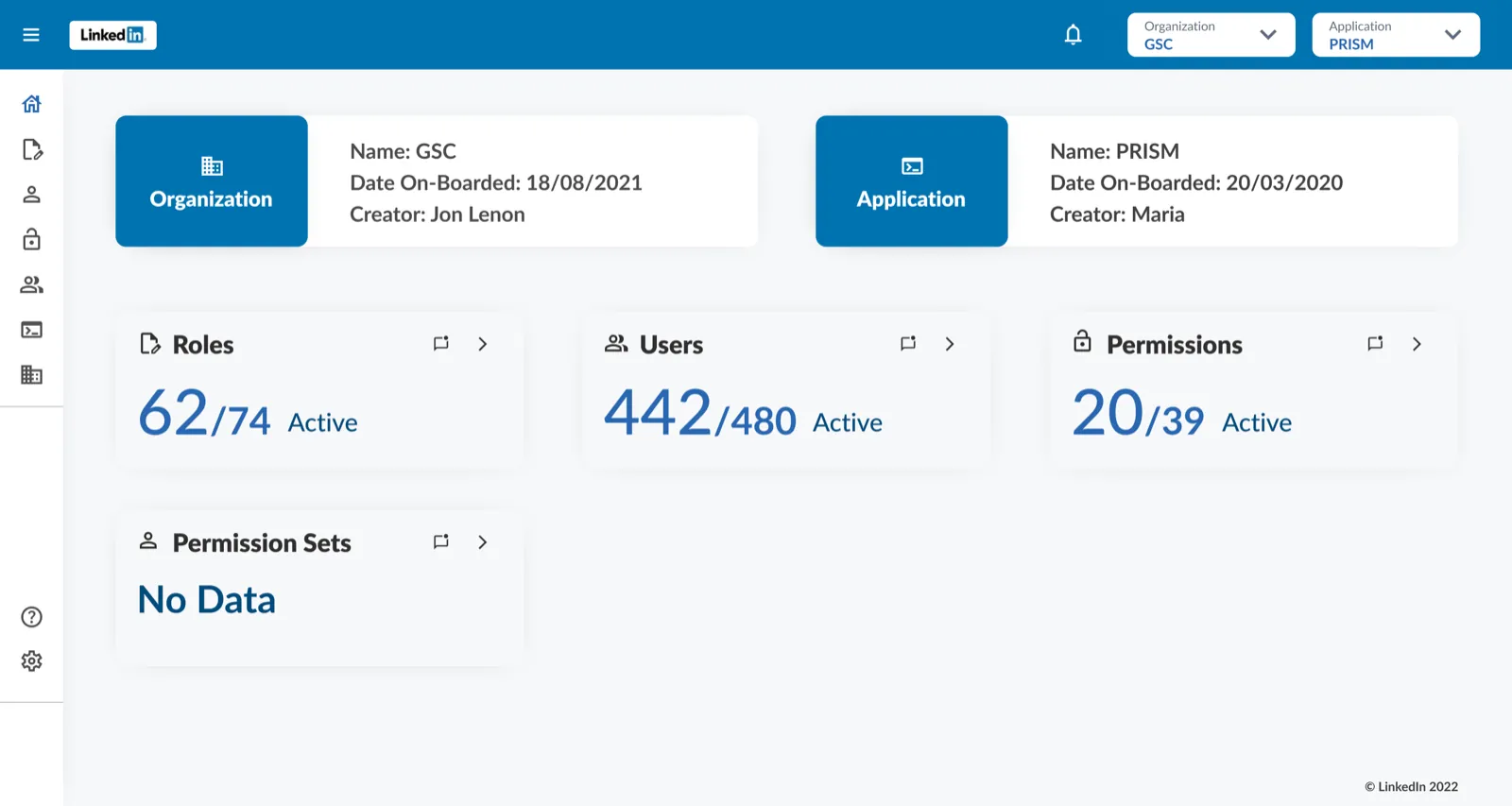 Redesigned landing page — organisation and application summary with live role, user and permission counts
