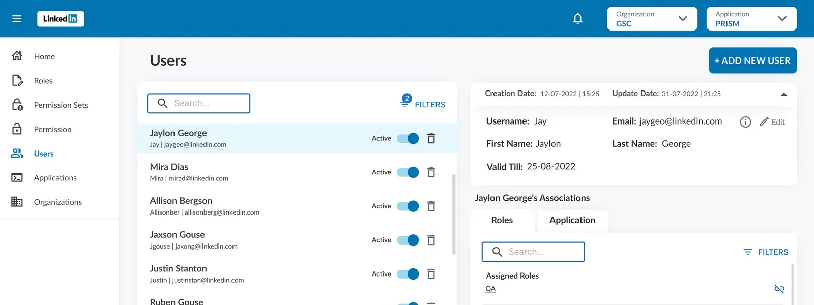 Redesigned LinkedIn commission tool — user management view with roles and permissions detail panel