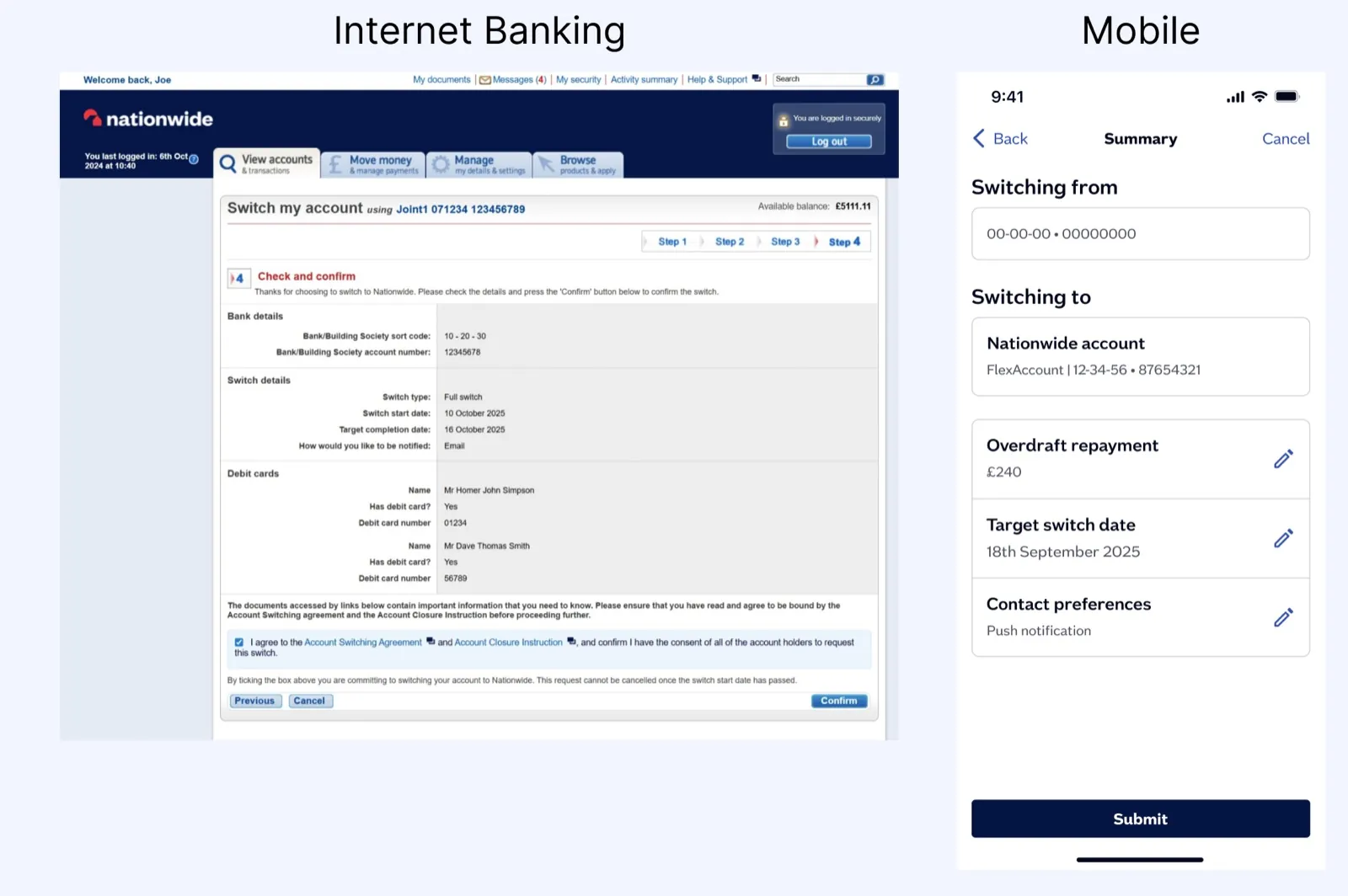 The same Check and Confirm step side by side — the dense Internet Banking page on the left, the restructured mobile summary on the right