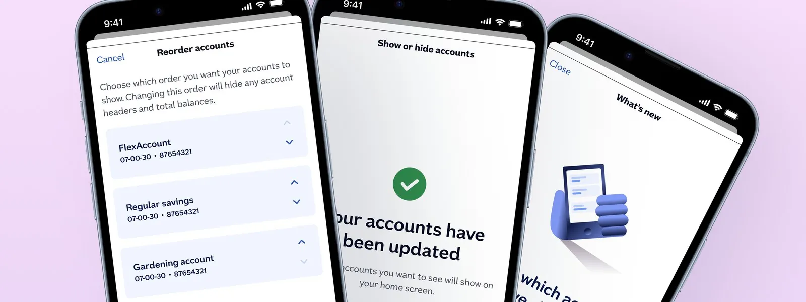 Show/Hide and Re-Order Accounts — feature screens overview