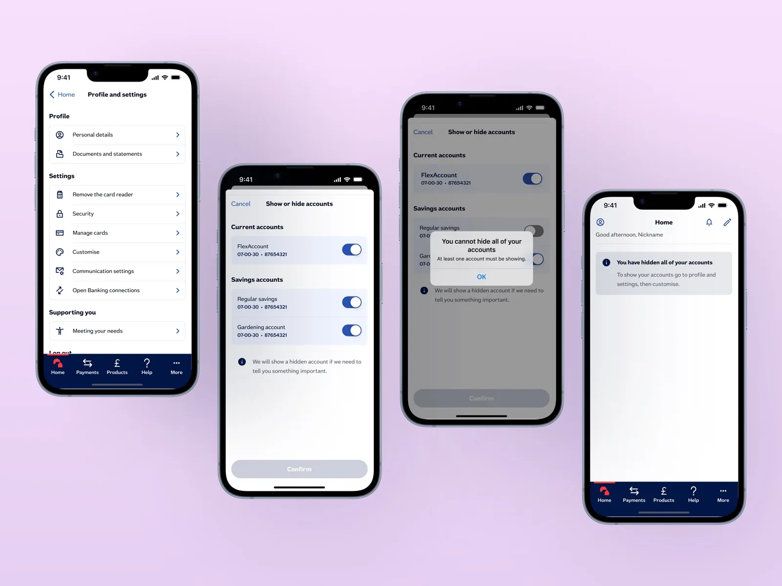 Final UI — show/hide toggles and account reordering flow