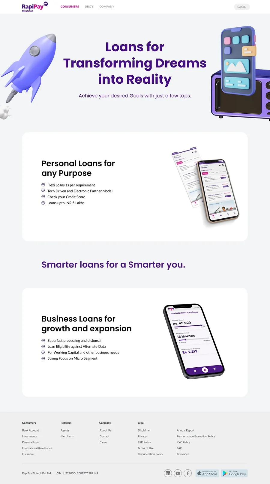 Rapipay Loans page — personal and business loan sections with app mockups