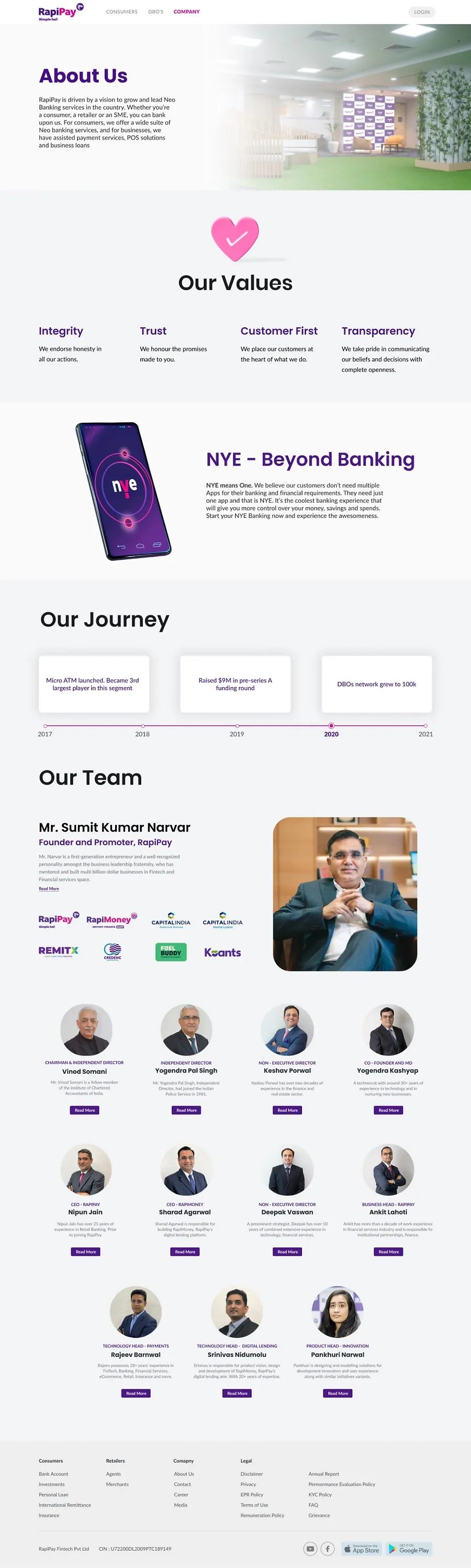 Rapipay About Us page — company values, funding timeline and leadership team