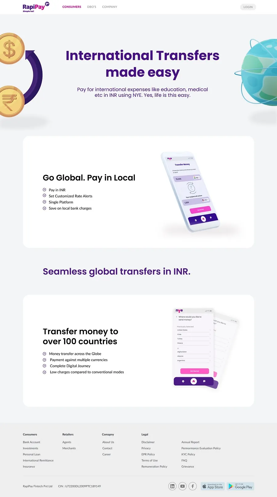 Rapipay International Transfers page — send money to over 100 countries