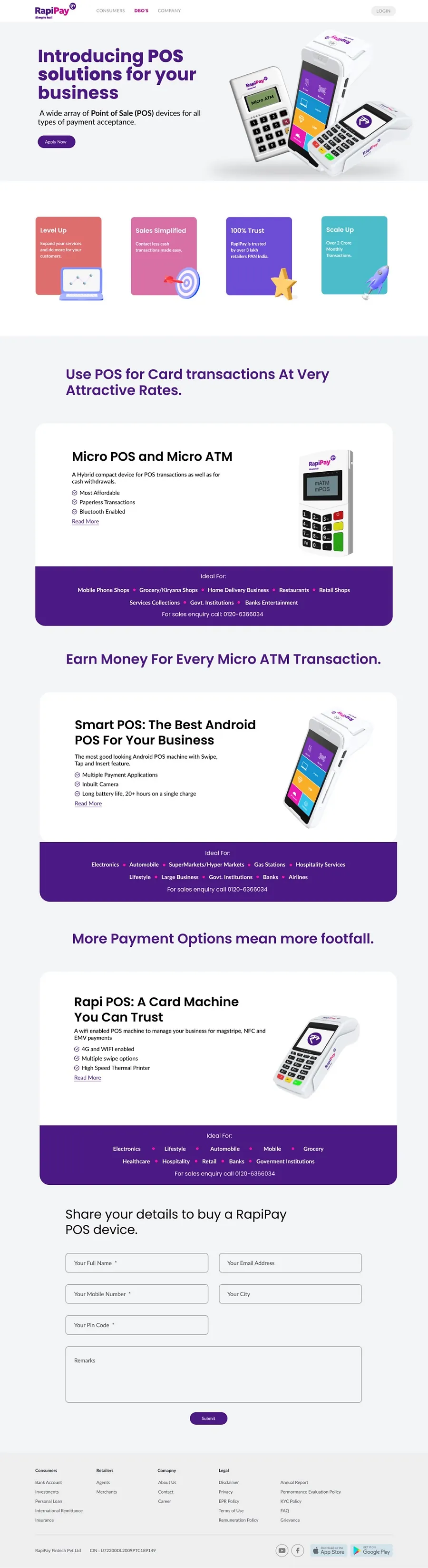 Rapipay POS solutions page — Micro POS, Smart POS and Rapi POS devices