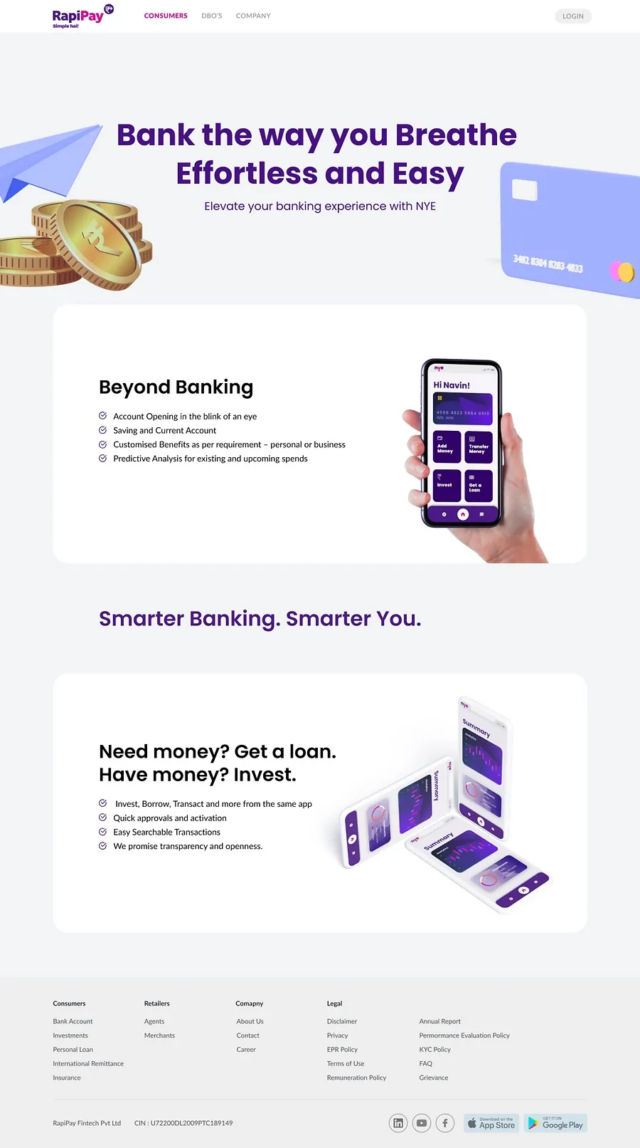 Rapipay Consumers page — NYE neo-banking overview