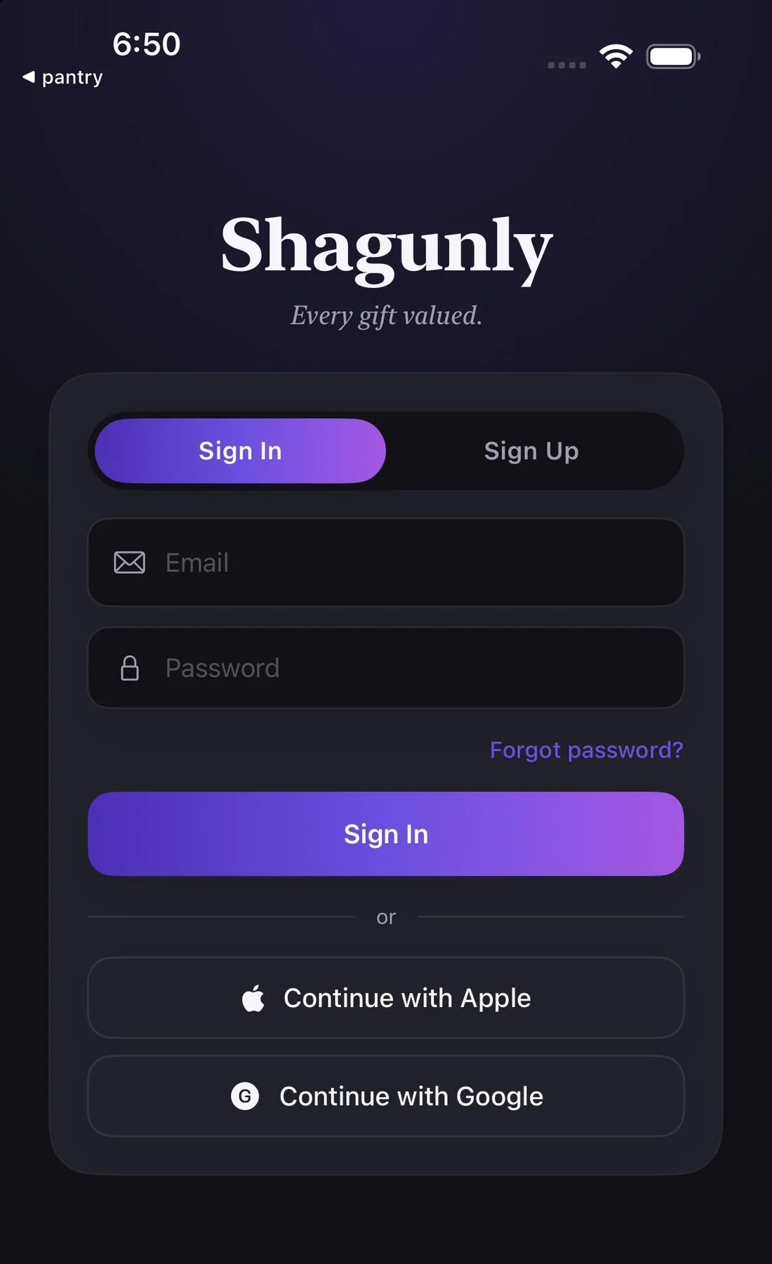 Shagunly sign-in screen — email/password with Apple and Google sign-in