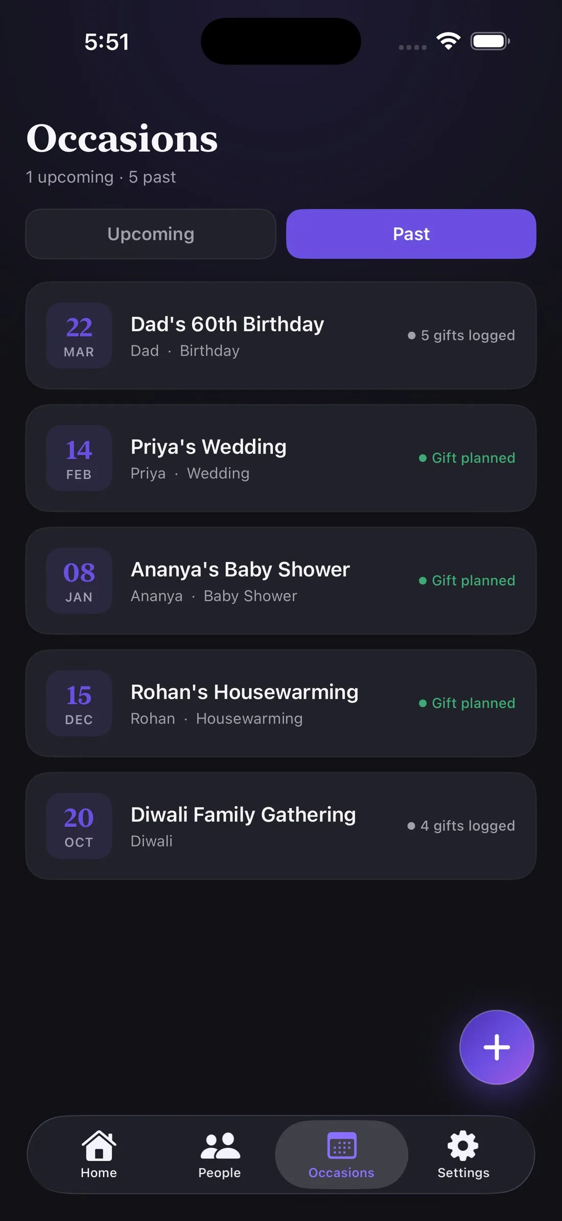 Shagunly iPhone Occasions screen — upcoming and past occasions